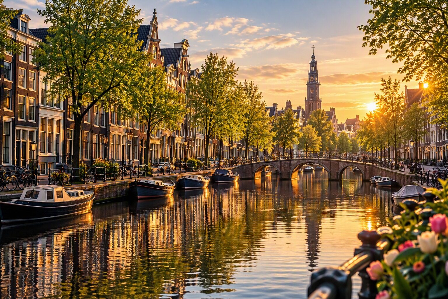 Amsterdamse gracht met huizen, een brug en boten in het namiddaglicht