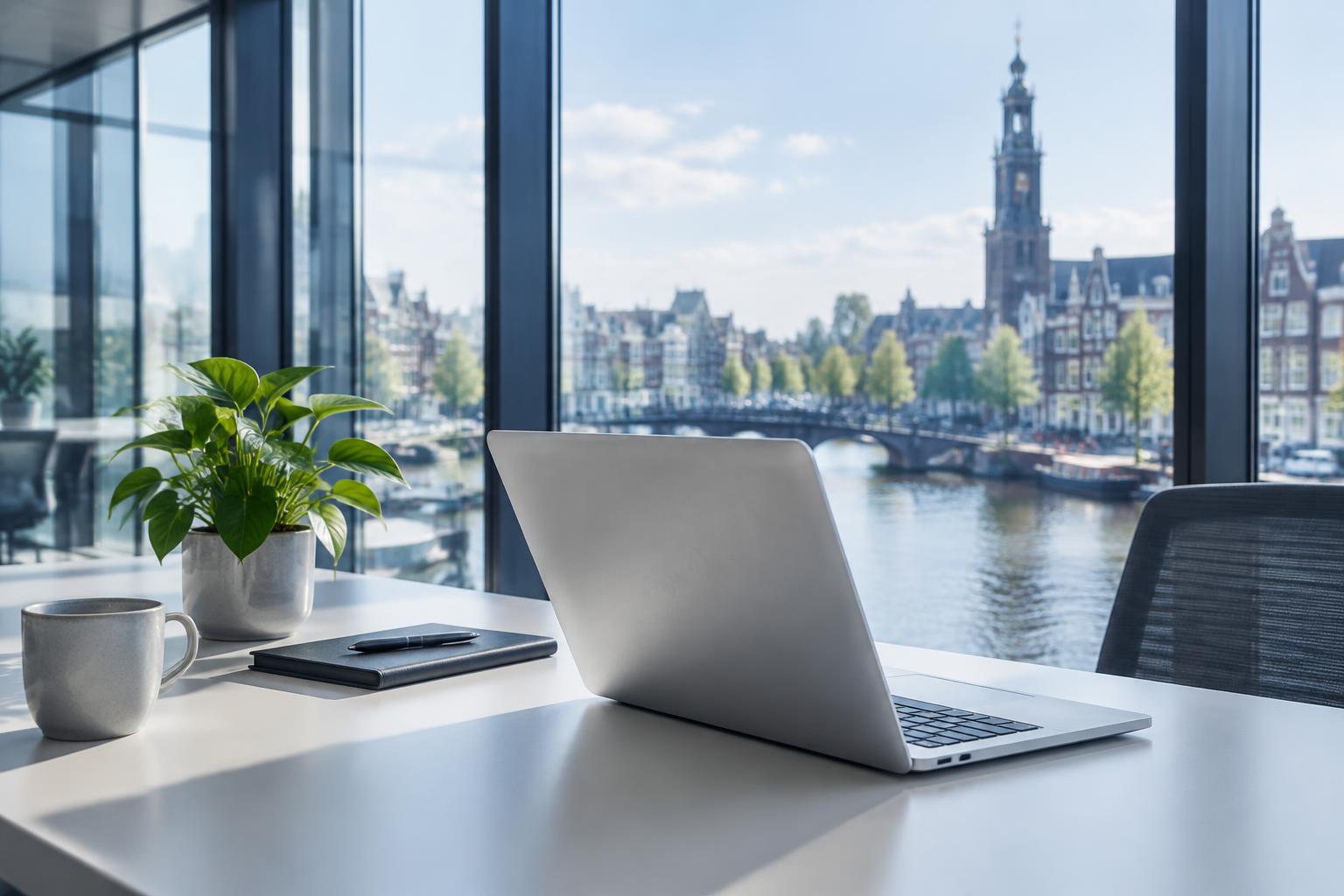 Werkplek met laptop in een licht kantoor